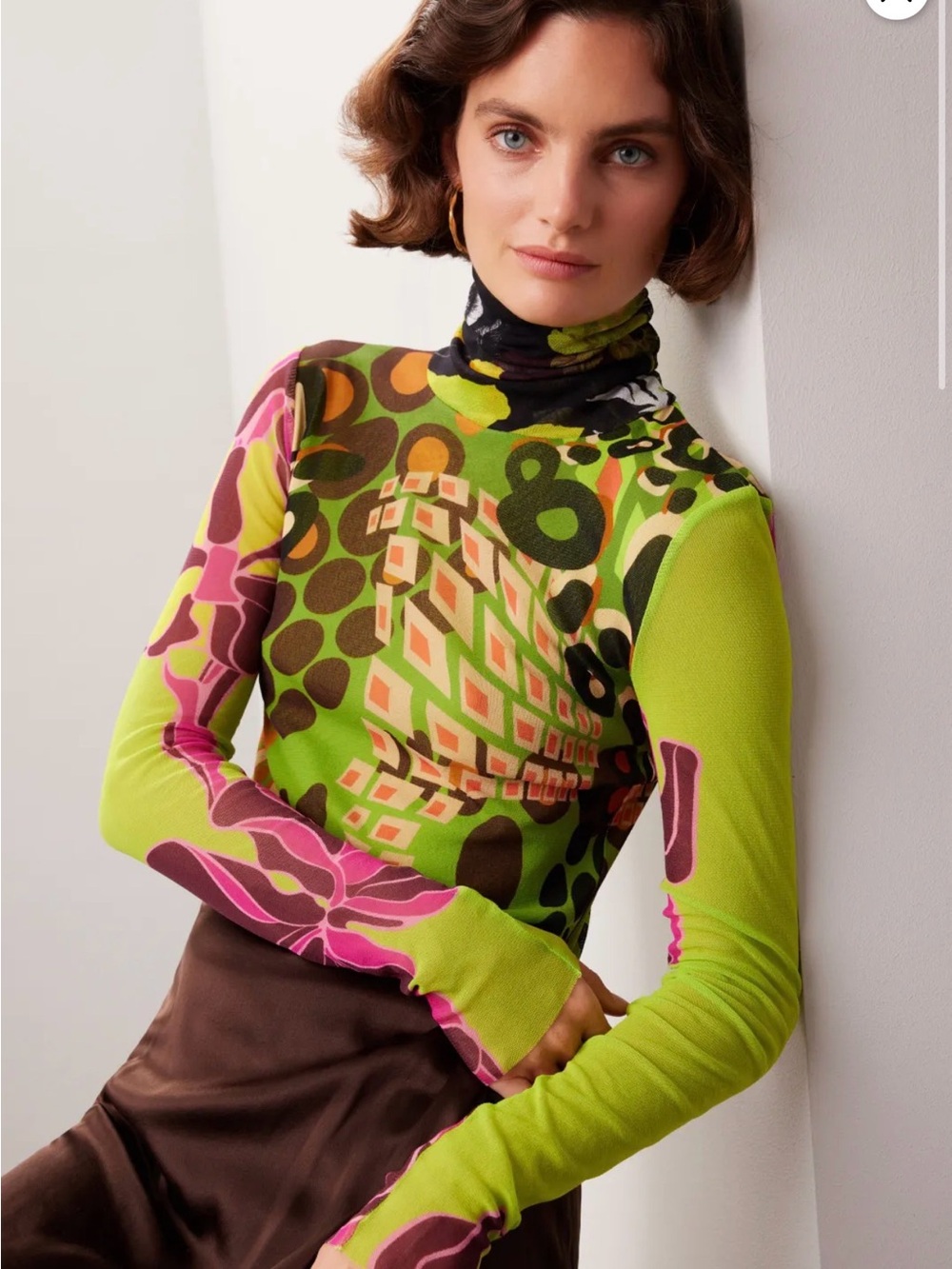 FUZZI MADE IN ITALY Abstract Mesh neon green Printed Turtleneck blouse top shirt